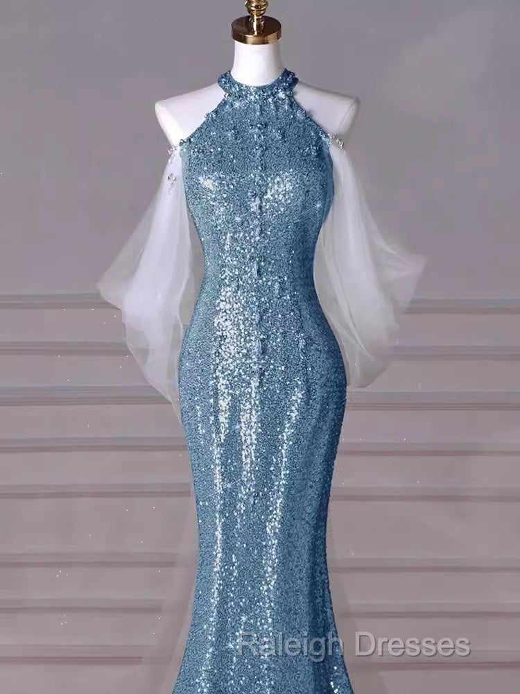 Mermaid Halter Sequin Blue Floor Length Prom Dresses