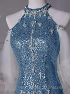 Mermaid Halter Sequin Blue Floor Length Prom Dresses