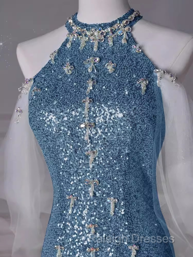 Mermaid Halter Sequin Blue Floor Length Prom Dresses