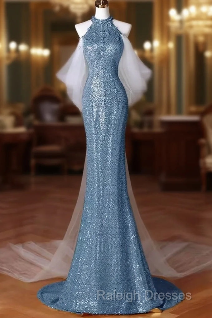 Sexy Mermaid Halter Sequin Blue Floor Length Prom Dress