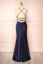 Mermaid Halter Sleeveless Navy Blue Long Prom Dress