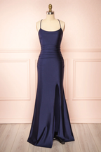 Mermaid Halter Sleeveless Navy Blue Long Prom Dress