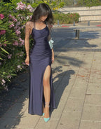 Mermaid Halter Sleeveless Navy Blue Long Prom Dress