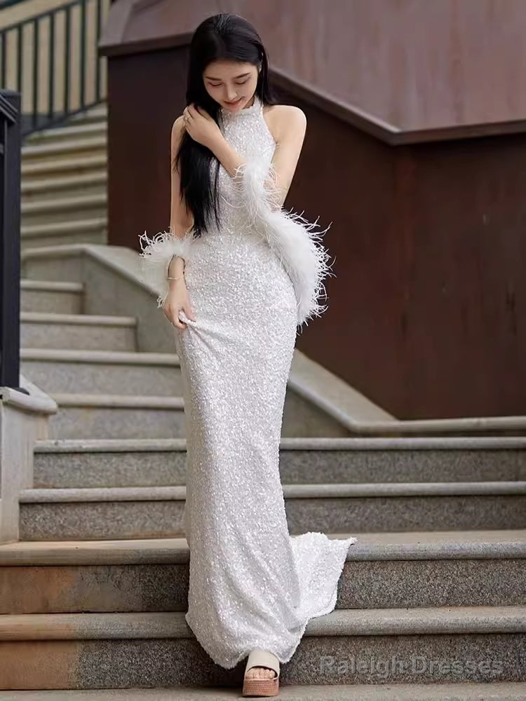 Sexy Mermaid High Neckline Sequin White Floor Length Prom Dress With Feathers Secondary image