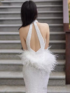 Sexy Mermaid High Neckline Sequin White Floor Length Prom Dress With Feathers