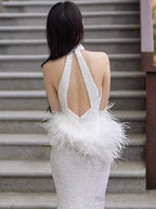 Mermaid High Neckline Sequin White Floor Length Prom Dresses With Feathers