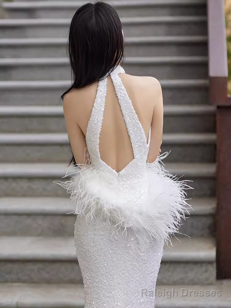 Mermaid High Neckline Sequin White Floor Length Prom Dresses With Feathers