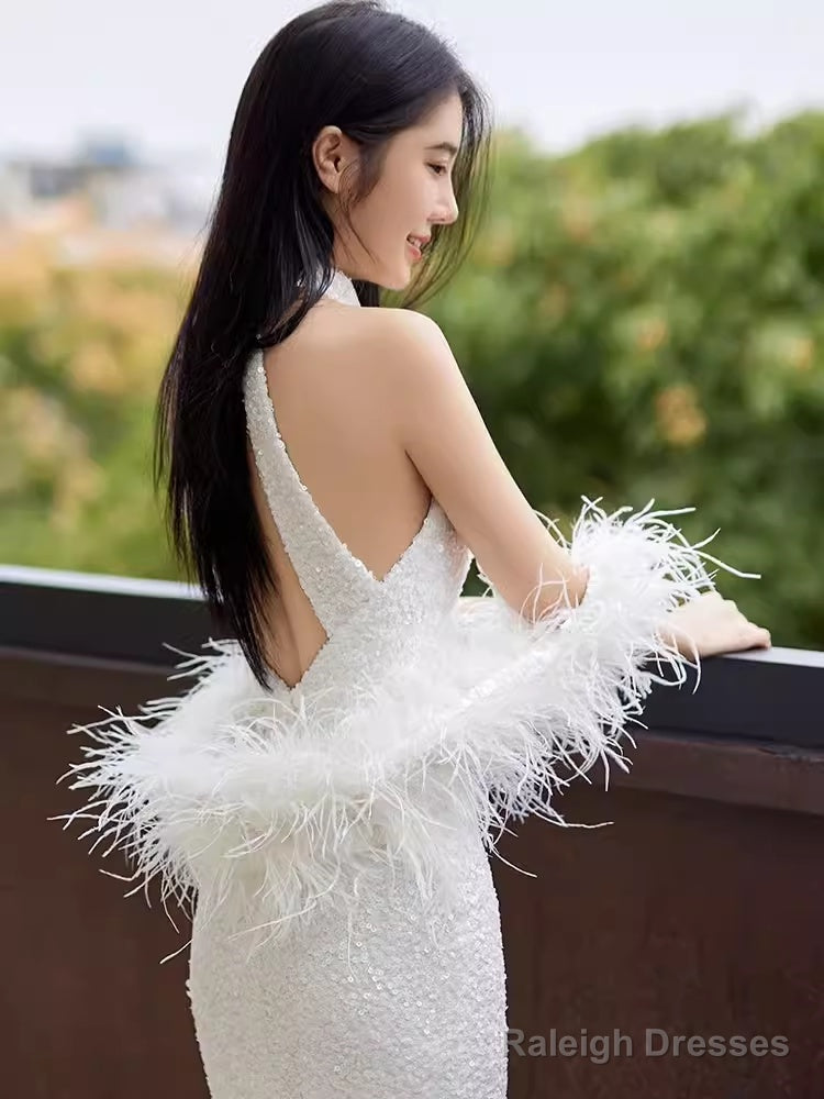 Mermaid High Neckline Sequin White Floor Length Prom Dresses With Feathers