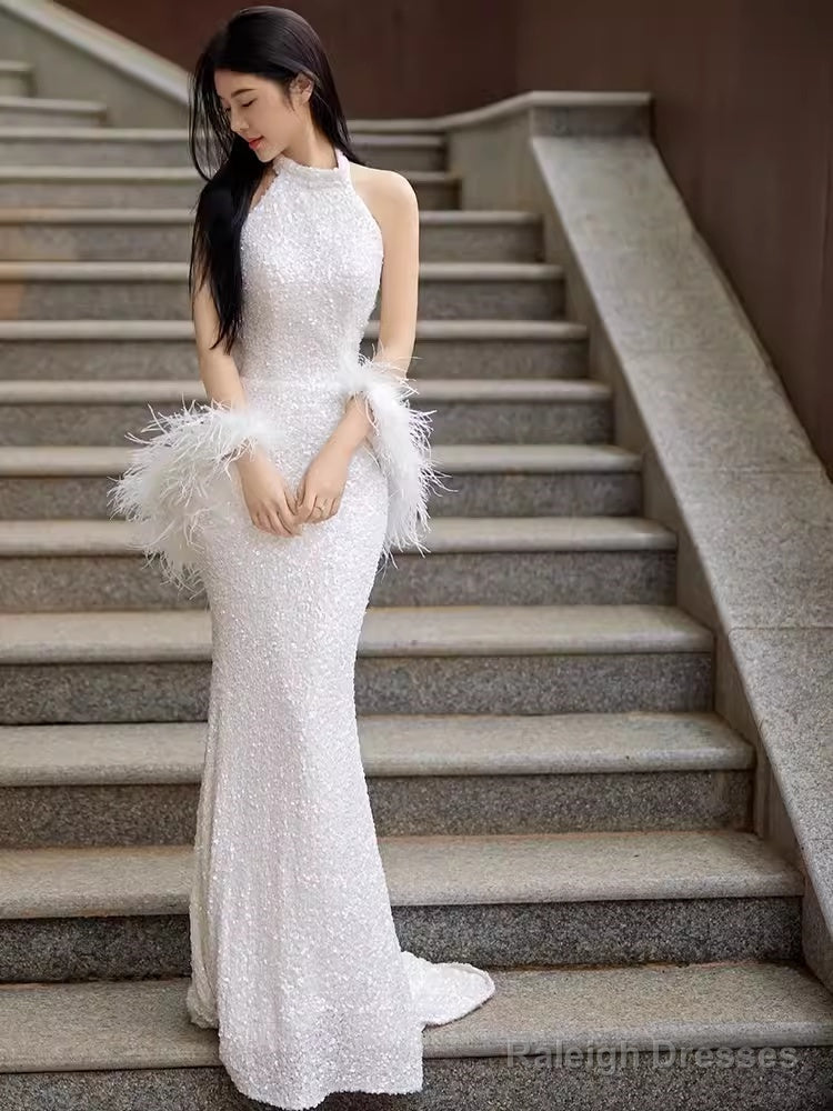 Mermaid High Neckline Sequin White Floor Length Prom Dresses With Feathers