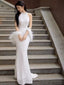 Mermaid High Neckline Sequin White Floor Length Prom Dresses With Feathers