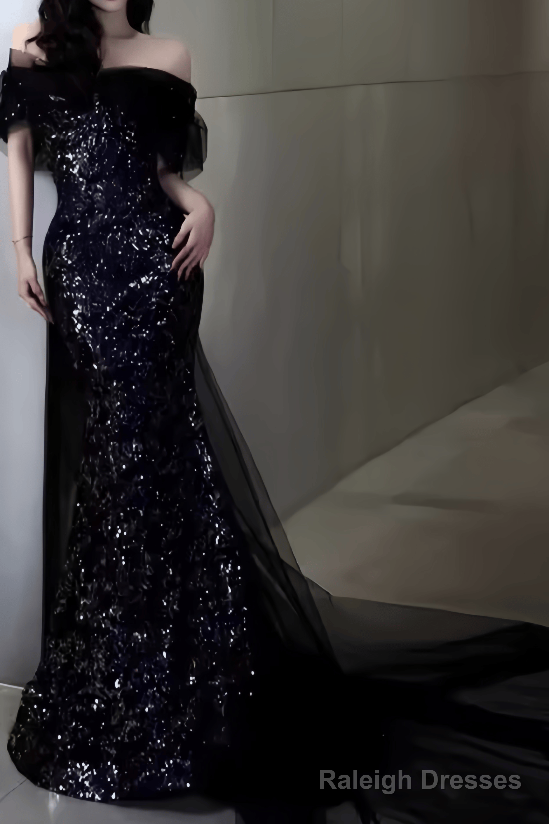 Sexy Mermaid Long Black Sequin Prom Dresses With Cap Sleeves Long Prom Dress