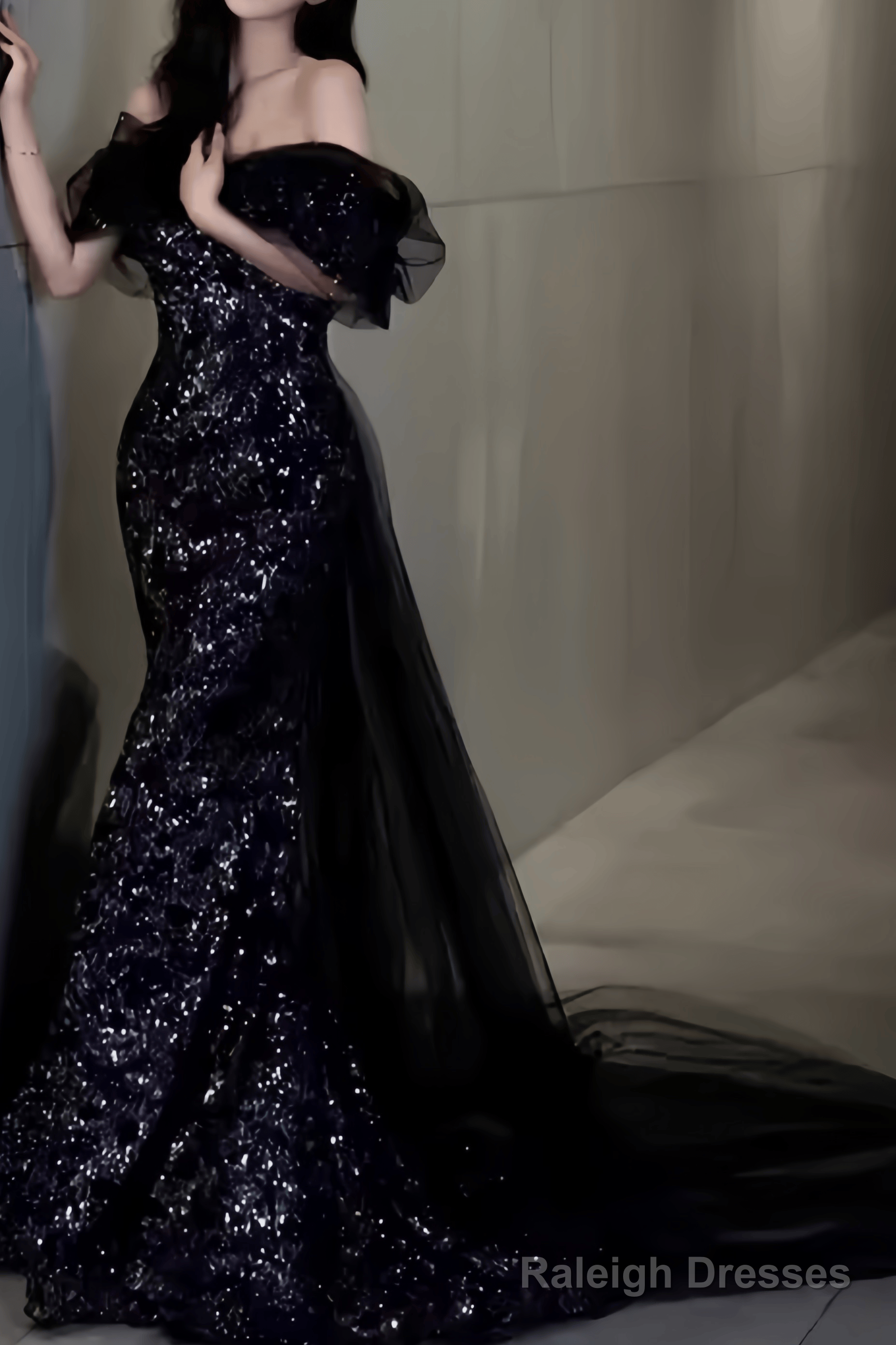 Sexy Mermaid Long Black Sequin Prom Dresses With Cap Sleeves Long Prom Dress Main image