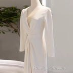 Sexy Mermaid Long Sleeves V Neckline Satin White Long Wedding Dresses Brides Dress