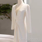 Mermaid Long Sleeves V Neckline Satin White Long Wedding Dress Brides Dresses