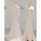 Sexy Mermaid Long Sleeves V Neckline Satin White Long Wedding Dresses Brides Dress