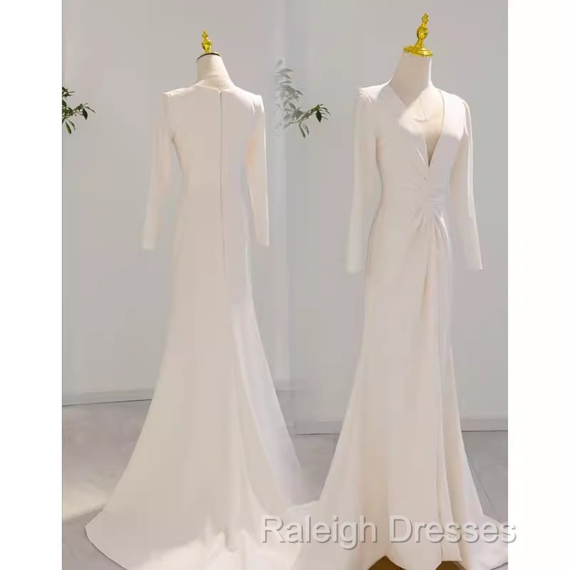 Sexy Mermaid Long Sleeves V Neckline Satin White Long Wedding Dresses Brides Dress