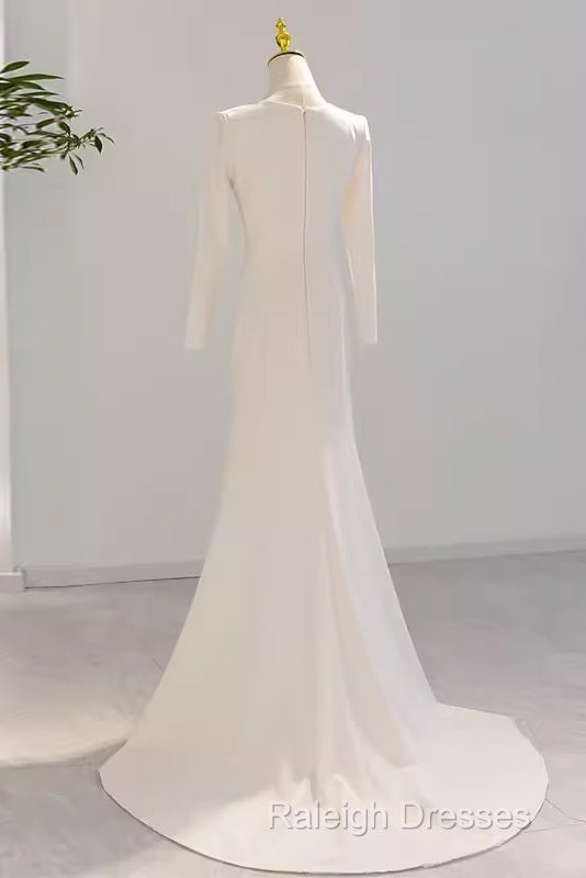 Mermaid Long Sleeves V Neckline Satin White Long Wedding Dress Brides Dresses
