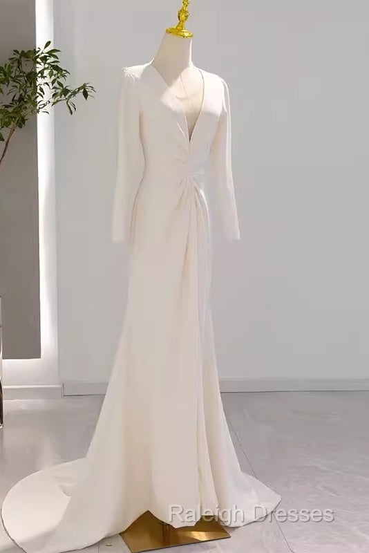 Mermaid Long Sleeves V Neckline Satin White Long Wedding Dress Brides Dresses