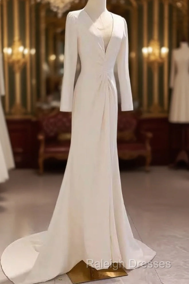 Sexy Mermaid Long Sleeves V Neckline Satin White Long Wedding Dresses Brides Dress Main image