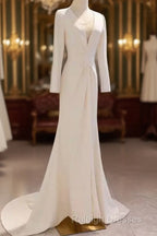 Sexy Mermaid Long Sleeves V Neckline Satin White Long Wedding Dresses Brides Dress