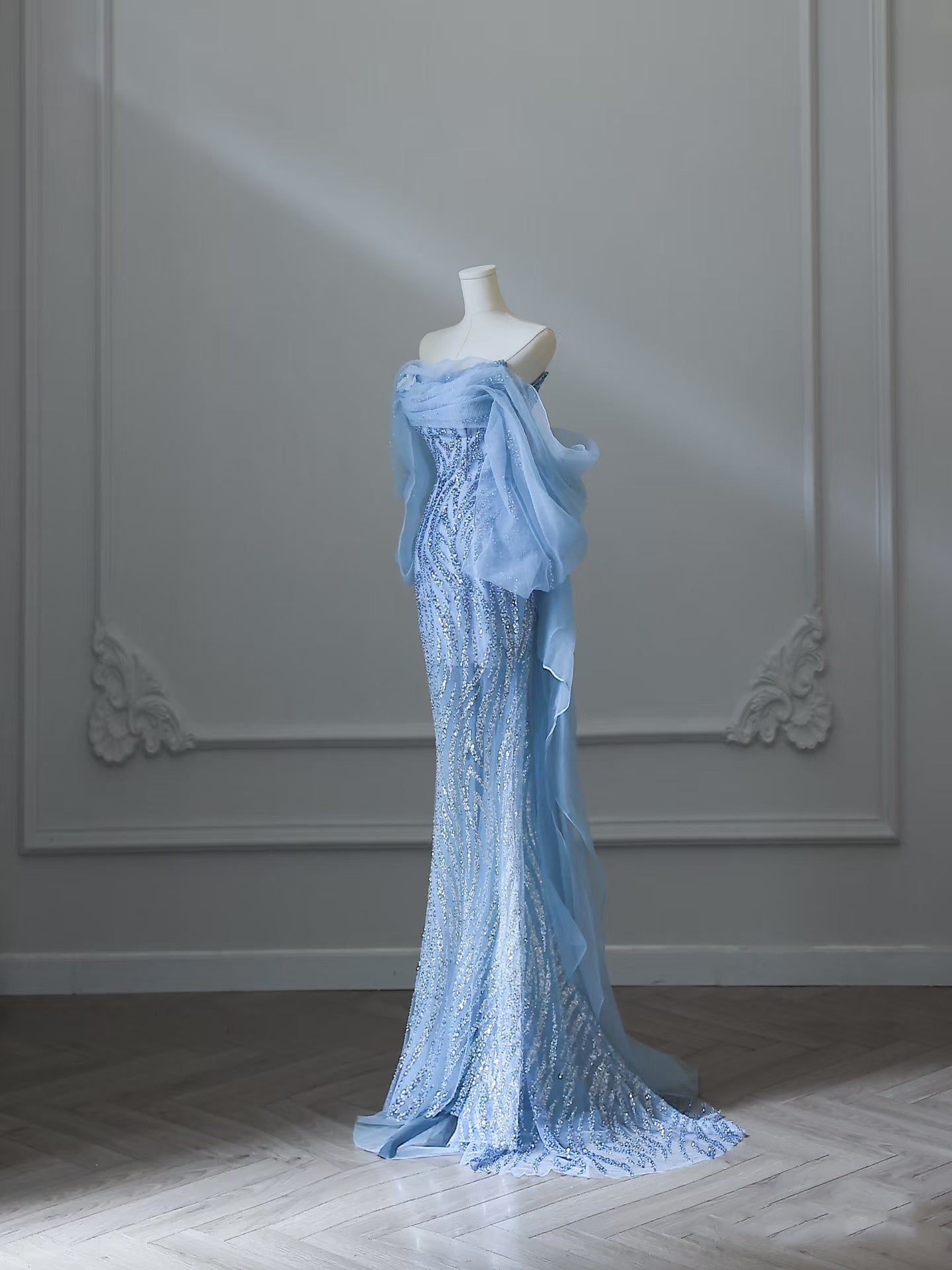 Sexy Mermaid Off The Shoulder Blue Sequin Long Prom Dresses Evening Gowns