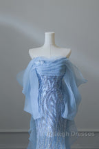 Sexy Mermaid Off The Shoulder Blue Sequin Long Prom Dresses Evening Gowns