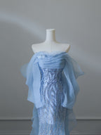 Sexy Mermaid Off The Shoulder Blue Sequin Long Prom Dresses Evening Gowns
