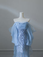 Mermaid Off The Shoulder Blue Sequin Prom Dress Long Prom Gown