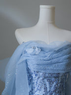 Sexy Mermaid Off The Shoulder Blue Sequin Long Prom Dresses Evening Gowns