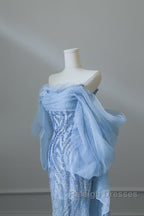 Sexy Mermaid Off The Shoulder Blue Sequin Long Prom Dresses Evening Gowns