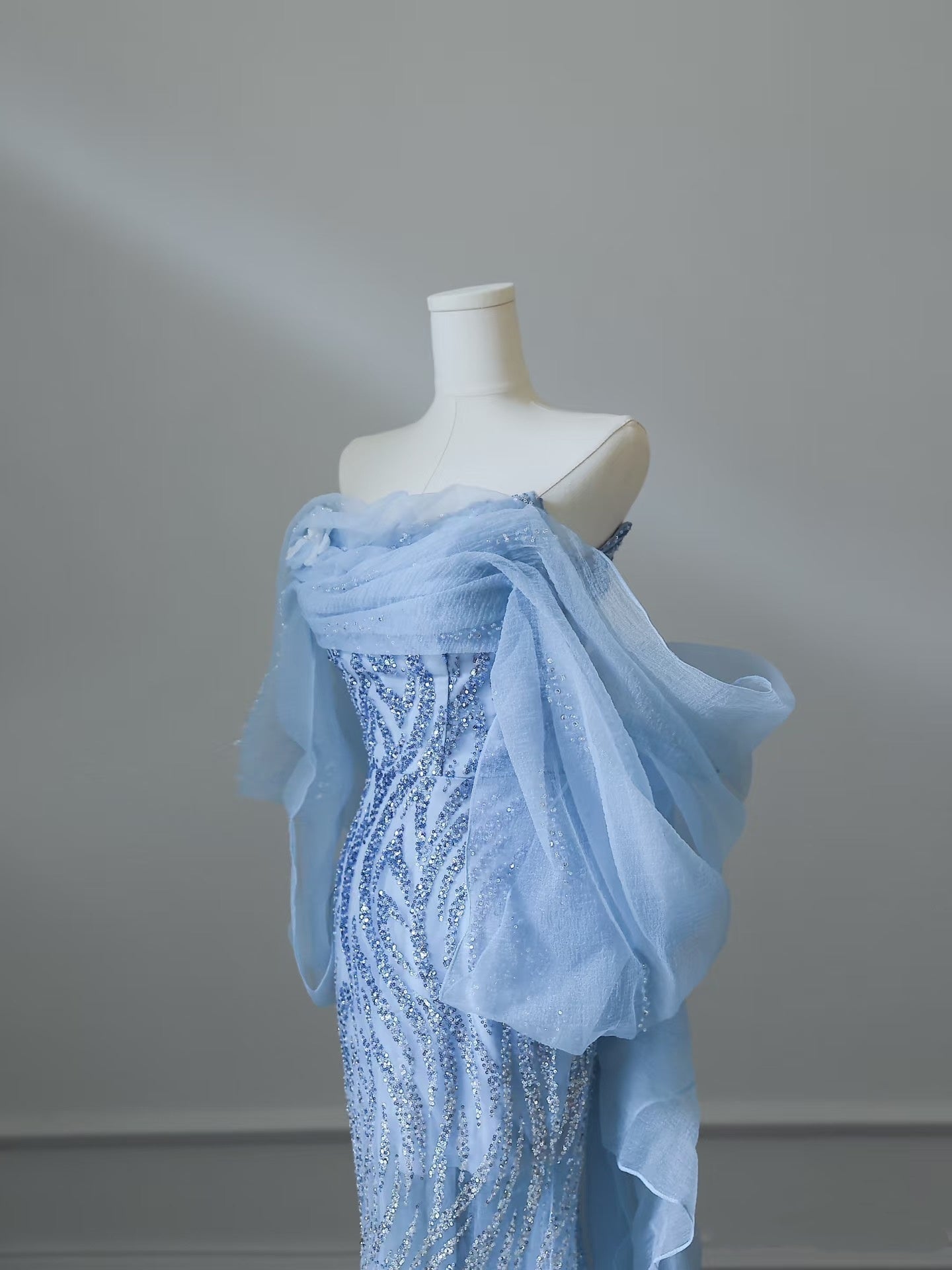 Mermaid Off The Shoulder Blue Sequin Prom Dress Long Prom Gown