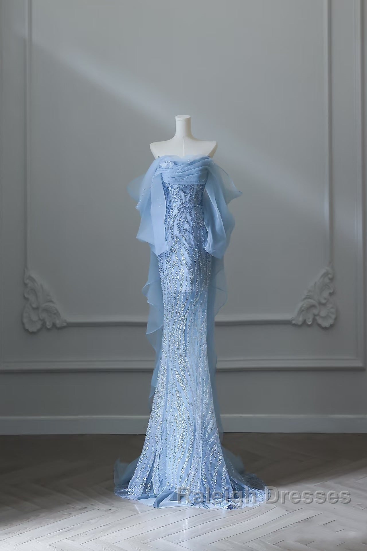 Mermaid Off The Shoulder Blue Sequin Prom Dress Long Prom Gowns
