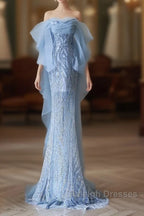 Sexy Mermaid Off The Shoulder Blue Sequin Long Prom Dresses Evening Gowns