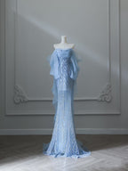 Sexy Mermaid Off The Shoulder Blue Sequin Long Prom Dresses Evening Gowns