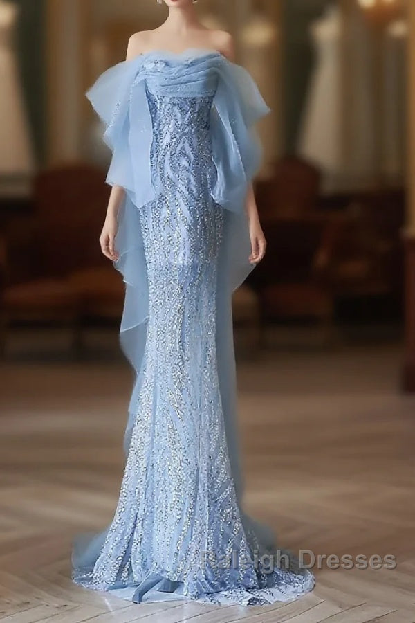 Mermaid Off The Shoulder Blue Sequin Prom Dress Long Prom Gowns Main image