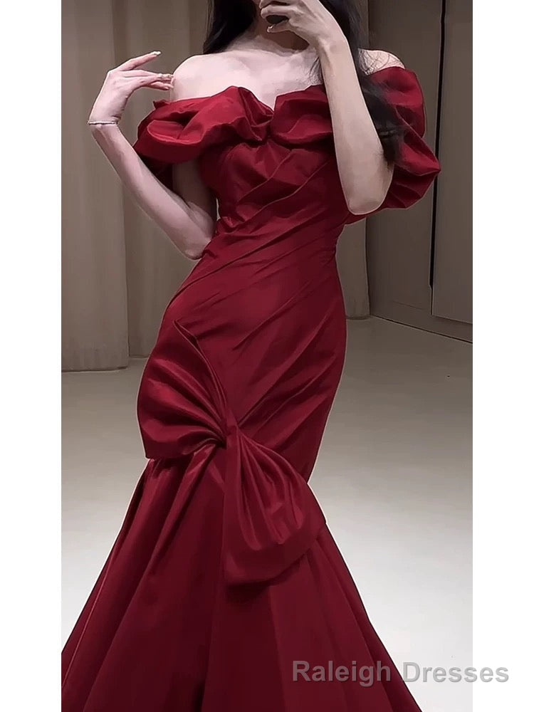 Sexy Mermaid Off The Shoulder Burgundy Satin Floor Length Prom Dress
