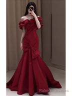 Sexy Mermaid Off The Shoulder Burgundy Satin Floor Length Evening Dress Prom Dresses