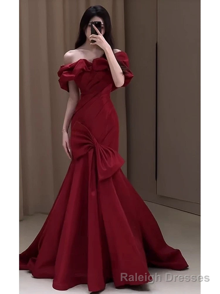 Sexy Mermaid Off The Shoulder Burgundy Satin Floor Length Evening Dress Prom Dresses