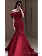 Sexy Mermaid Off The Shoulder Burgundy Satin Floor Length Evening Dress Prom Dresses
