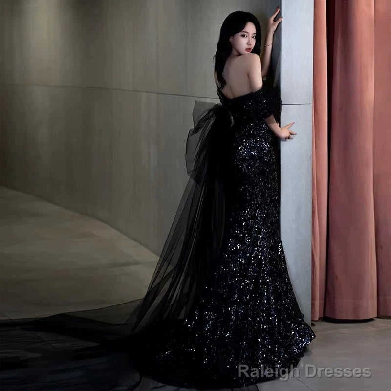 Mermaid Off The Shoulder Cap Sleeves Sequin Floor Length Black Prom Dress Secondary image