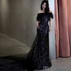 Mermaid Off The Shoulder Cap Sleeves Sequin Floor Length Black Prom Dress