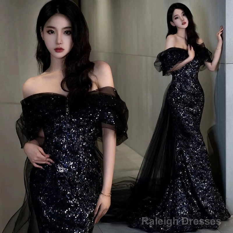 Sexy Mermaid Off The Shoulder Cap Sleeves Sequin Floor Length Black Prom Dresses Main image