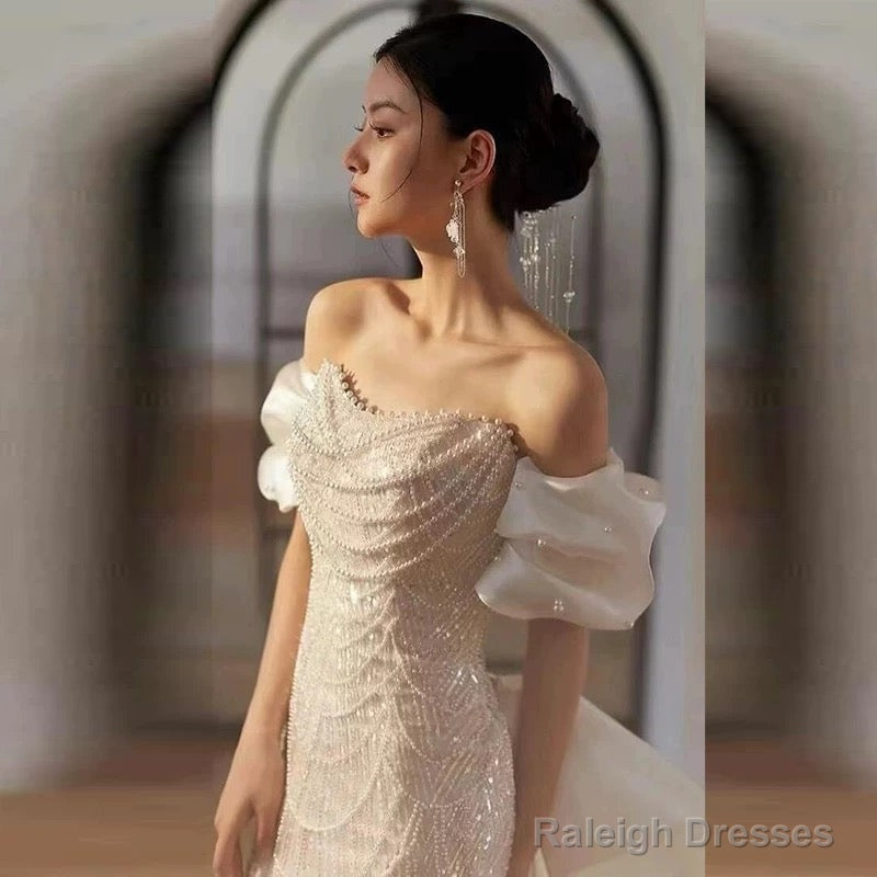 Sexy Mermaid Off The Shoulder Cap Sleeves Sequin Floor Length Pearls Prom Dresses