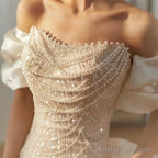 Sexy Mermaid Off The Shoulder Cap Sleeves Sequin Floor Length Pearls Prom Dresses