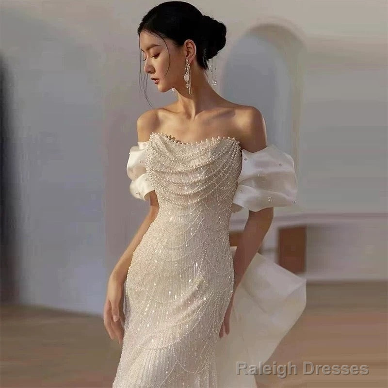 Mermaid Off The Shoulder Cap Sleeves Sequin Floor Length Pearls Prom Dress