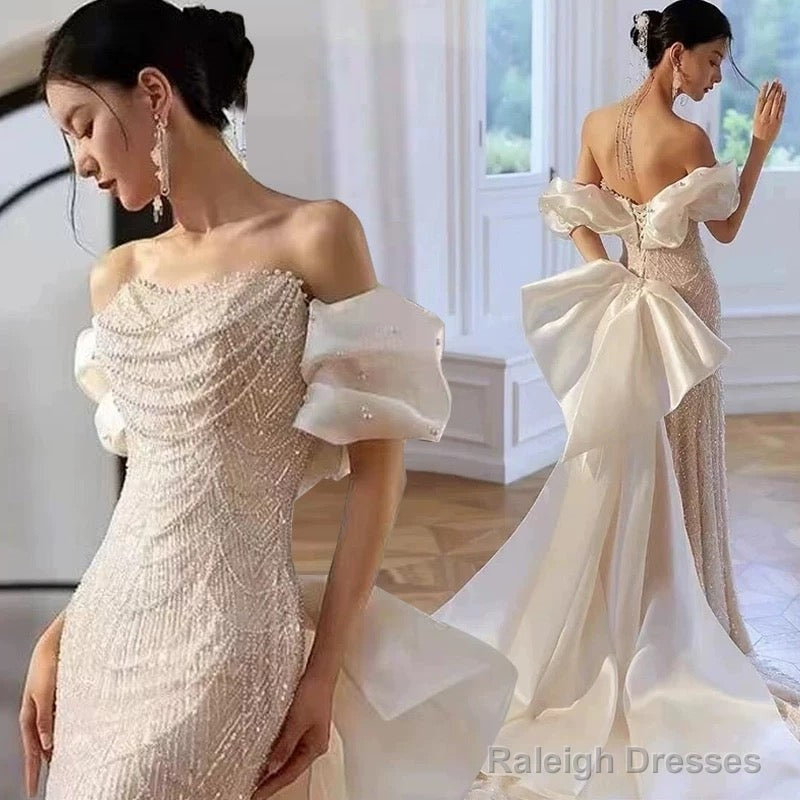 Sexy Mermaid Off The Shoulder Cap Sleeves Sequin Floor Length Pearls Prom Dresses