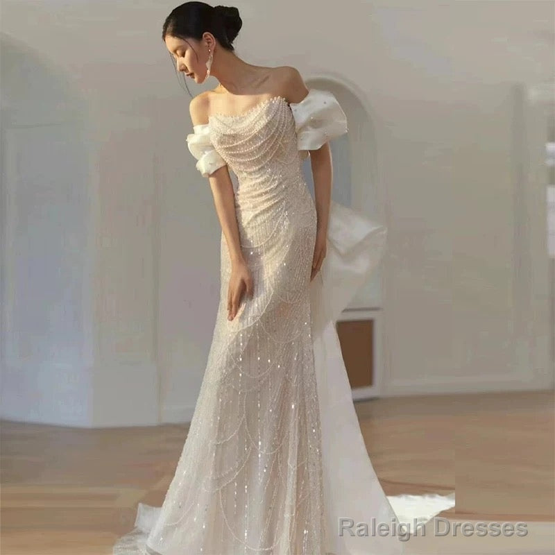 Mermaid Off The Shoulder Cap Sleeves Sequin Floor Length Pearls Prom Dress