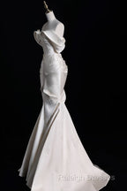 Sexy Mermaid Off The Shoulder Ivory Satin Long Wedding Dresses Brides Dress