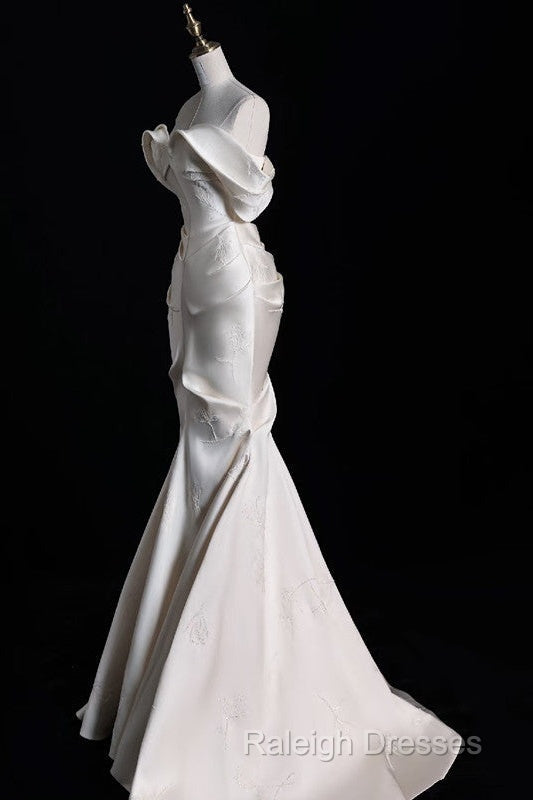 Sexy Mermaid Off The Shoulder Ivory Satin Long Wedding Dresses Brides Dress