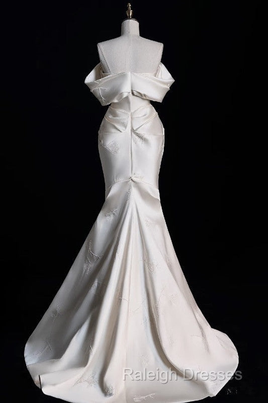 Sexy Mermaid Off The Shoulder Ivory Satin Long Wedding Dresses Brides Dress